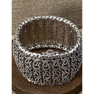 Lois Hill Sterling Silver Granulated Filigree Scroll Panel Bracelet Pin Clasp